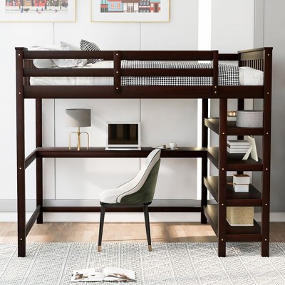Okak Twin/Full Size Multifunction Bunk Bed with Under-bed Desk Loft Bed with Storage Shelves Pine Wood for Kids Teens, Easy Assemble