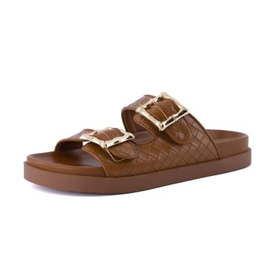 CUSHIONAIRE Loft Women’s Slide Sandal – Double Buckle Slip-On with Woven Detail, Adjustable Straps & Memory Foam