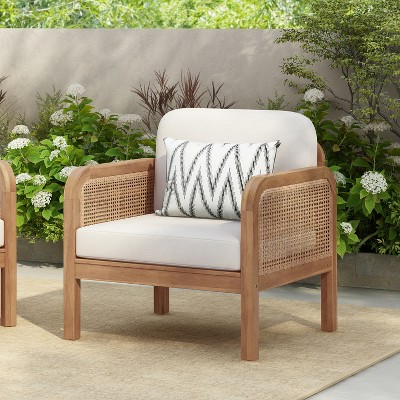 Christopher Knight Home Curtis Patio Rattan and Acacia Wood Club Chair with Water-Resistant Cushion, Brown/Beige