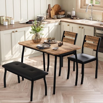 Dining Table Set for 4, Sturdy Wooden Kitchen Table with Chamfer Design and Metal legs, Upholstered Bench & 2 Classic Dinner Chairs