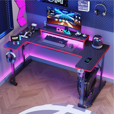 Bestier U-shaped Gaming Desk with Monitor Stand, LED Lights, Headphone Hooks, Cup Holder, Carbon Fiber Black