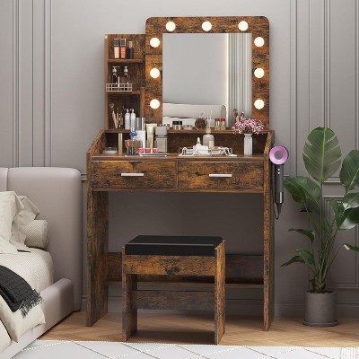 Acekool Vanity Desk with Mirror & Lights, Power Outlet, 3 Lighting Modes, 2 Drawers, Makeup Table for Bedroom