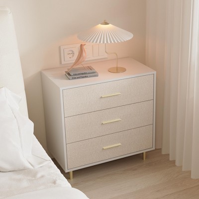 3 Drawer Dresser with Gold Handles and Legs, Wooden Nightstand with Linen-Textured Surface, White Chest of Drawers, Accent Cabinet End Table