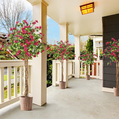 4/5/6ft Artificial Bougainvillea Tree with Wood Trunk&Pink Flowers,Fake Flower Tree with White Pot Faux Tree for Indoor/Outdoor