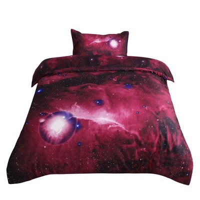 PiccoCasa Unique Bargains PiccoCasa Galaxy Sky Cosmos Night Pattern 3D Printed Single Size Bedding Quilt Duvet Cover Set Red 2 Pcs