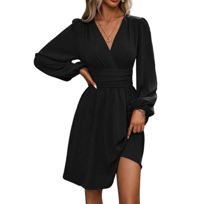 Mini Deep V Sexy Long Sleeve Dress for Women A-Line High Waisted Casual Flowy Dress for Cocktail Wedding Guest