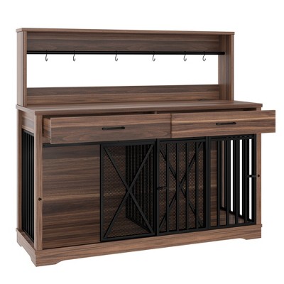 Gulches Brown Dog Crate Furniture with Drawers and Shelves for Two Dogs