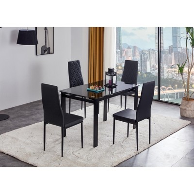 5/7 PCS Dining Table Set Dining Set with PU Chairs & Tempered Glass Dining Table, Black-ModernLuxe