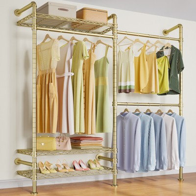 Timate F2 Industrial Pipe Clothes Rack Wall Mounted Clothing Rack, Expandable Garment Rack Heavy Duty Wardrobe Closet, Industrial Closet Kit