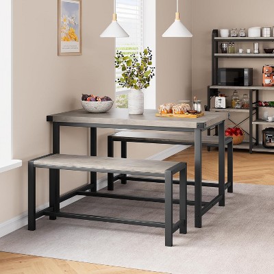 CuisinSmart Farmhouse Dining Table Set for 4 People, 44.4'' Kitchen Table Set with 2 Benches, 3 Piece Rectangular Breakfast Table Set