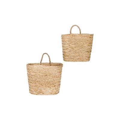 Storied Home Set of 2 Decorative Handwoven Seagrass Wall Baskets Beige: Wicker Storage with Handles