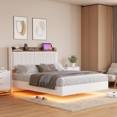 Floating Bed Frame with LED Lights & USB Charging Station – Modern Upholstered Platform Bed with Headboard, Solid Wood Slats Support, No Box Spring