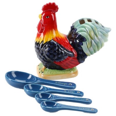 Omniware Rooster Measuring Spoon Set - Hand-Painted Stoneware with Long Handles, Lead-Free Glaze - Dishwasher Safe Baking Essentials