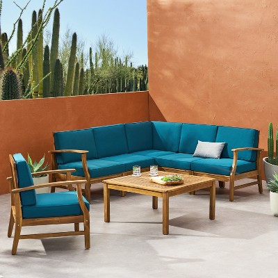 GDFStudio Abena Outdoor Acacia Wood 6 Seater Sectional Sofa and Club Chair Chat Set with Cushions