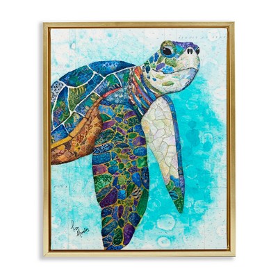 Stupell Industries Bold Aquatic Sea Turtle Pebbled Collage Patterns Black Floater Framed Canvas Wall Art