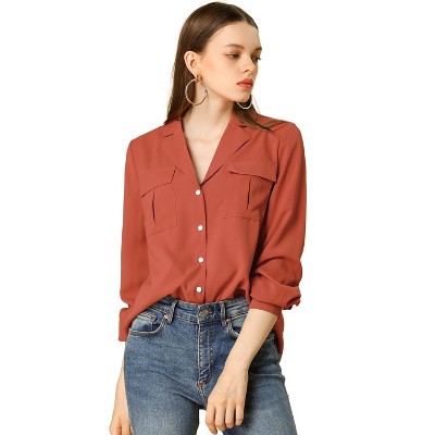 Allegra K Women's Solid Chest Pocket Button Down Notch Lapel Collar Shirt