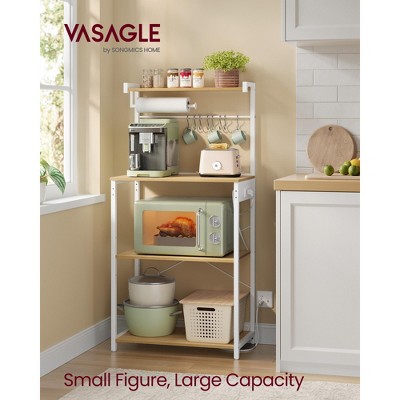 4-Tier Kitchen Bakers Rack with Built-in Power Strip, 2 Outlets & Adjustable Shelf, Microwave Stand with 8 Hooks