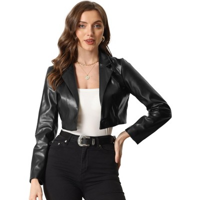 INSPIRE CHIC Women's Faux Leather One Button Lapel Collar Cropped Moto PU Jackets