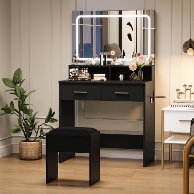 Vanity Set with 3-Color Adjustable LED Mirror, Small Makeup Desk with Power Outlet and 2 Drawers, Modern Dressing Table and Cushion Stool Set
