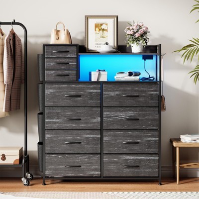 8+3 Drawers Fabric Dressers for Bedroom with 4 Side Pockets,LED Lights,Charging Station,Hooks,for Bedroom,Living Room,Closet