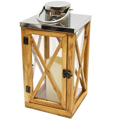 Northlight 13.5" Rustic Wood and Stainless Steel Lantern with LED Flameless Pillar Candle with Timer