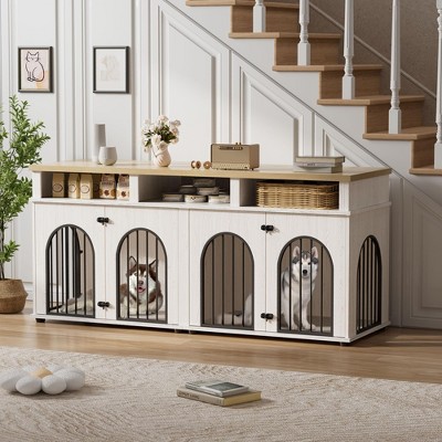 Double Dog Crate Furniture 71" Dog Kennel Furniture for 2 Medium Dogs, Heavy Duty Dogs Cage XL Dogs House Indoor with 3 Storage Shelves