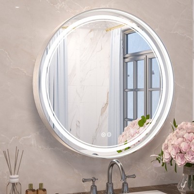 Keonjinn Metal Framed LED Round Frontlit Bathroom Vanity Wall Mirror, 3 Color Temperatures Dimmable, Anti-Fog