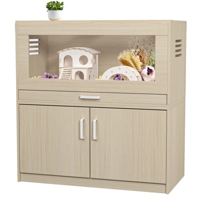 DSVIMOY Guinea Pig Cages, Hamster Cage Wood with Independent Storage Cabinet for Rat Chinchilla, Openable Top, Teak, 31.5"*15.7"*33.5"