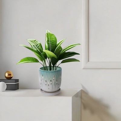 Chic Crate Modern Striped Ceramic Planter Set of 2 (8") – With Drainage & Saucer, Indoor & Outdoor Use