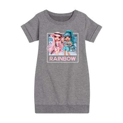 Girls' - Rainbow High - Blue Leaf Frame Graphic Short Sleeve Fleece Dress