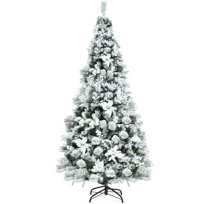 Costway 5ft/6ft/7ft/8ft Snow Flocked Hinged Christmas Tree w/ Berries & Poinsettia Flowers