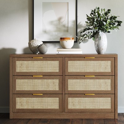 Meiyiu Rattan 6-Drawer Dresser, Woven Natural Storage Cabinet with Soft-Close Drawers, Boho Chic Chest for Bedroom, Living Room