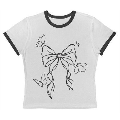 Rerun Island Women's Outline Bow And Butterflies Short Sleeve Graphic Cotton Retro Vintage Ranger Baby Tee - White Caviar 3X