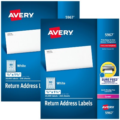 Avery Printable Return Address Labels with Sure Feed, 0.5" x 1.75", White, 2 Packs, 40,000 Blank Mailing Labels Total (21921)
