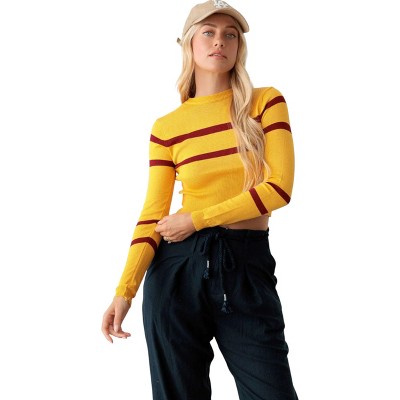 Slickblue Stripe Long Sleeve Crop Knit Top, Round Neck, Women’s Lightweight Top, Mustard, One Size