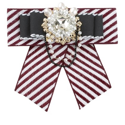 INSPIRE CHIC Women's Striped Rhinestone Bow Tie Fashion Faux Pearl Bow Tie Pin with Hanging Chain
