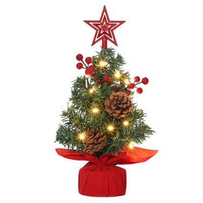 Mini Christmas Tree with Top Star & Lights, Tabletop Artificial Christmas Tree with Red Berries & Pine Cones, DIY Gifts for Holiday Decorations