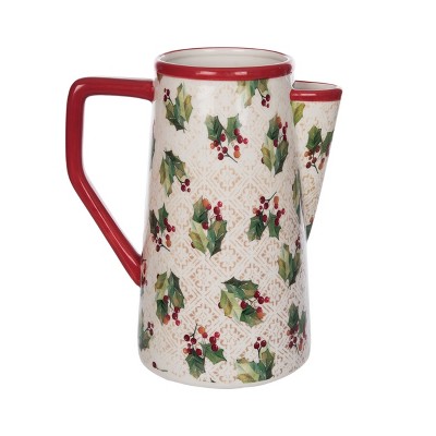 Transpac Dolomite Vintage Holly Pitcher 62.5oz Multicolor Ceramic Beverage Server for Christmas Tabletop Decor
