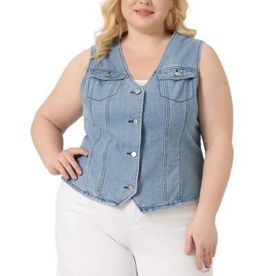 Agnes Orinda Women's Plus Size V Neck Button Down Sleeveless Utility Jean Denim Vests