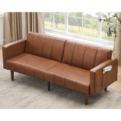 75" Mid-Century Modern Futon Sofa Bed - Convertible PU Leather Sleeper with Adjustable Backrest