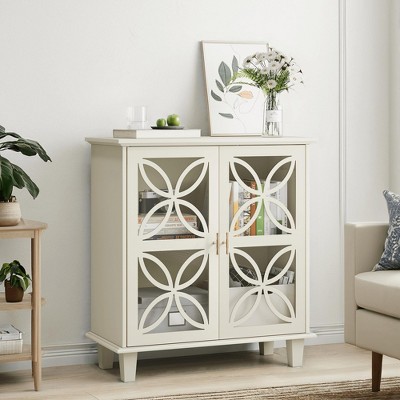 ORRD Cream-Colored 2-Door Storage Cabinet with Adjustable Shelves, Tempered Glass, Modern Retro Design