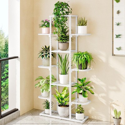 Acekool 7-Tier Plant Stand for Indoor & Outdoor, 12-Pot Capacity, Corner Plant Shelf, White Metal Frame Display Rack for Living Room, Balcony, Patio