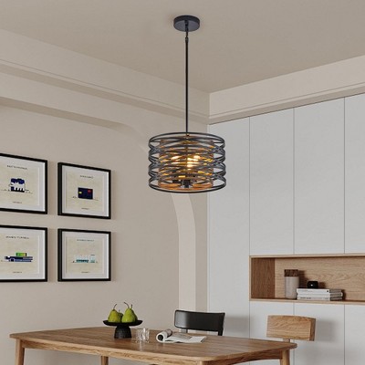 13" Rustic Industrial Pendant Light, 3-Light Black and Walnut Metal Cage Chandelier with Wood Accents for Kitchen Island and Dining Room (No Bulbs)