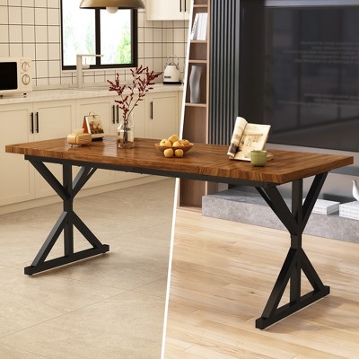 Vipbear Farmhouse Dining Table For 6 People,70.87-Inch Rectangular Wood Dining Table, Rustic Kitchen Table With Heavy Duty Metal Legs, Brown/Beige