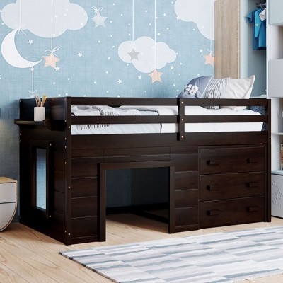 NicBex Twin Size Low Loft Bunk Bed with Cabinet,Safety Guardrails&Shelf,Versatile Solid Wood Kids Loft Bed pLatform for Girls&Boys