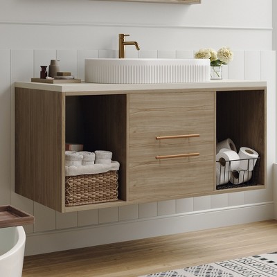 Mshliw 40 Inch Wall Mounted Bathroom Vanity with Oval Ceramic Sink, Floating Solid Wood Cabinet and Open Shelf Storage