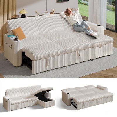 Dyonery 101" Sectional Sleeper Sofa Bed with Pull Out Couch, L Shaped Sofa with Reclining Backrest/Storage Chaise/Cup Holders/USB Ports
