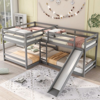 Whisen Wood Full and Twin Size L-Shaped Bunk Bed with Slide and Short Ladder