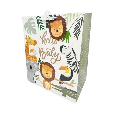 Bows And Sparkles Xlarge Foil Print 'Hello Baby' Safari Animals Baby Gift Bag with Tag White