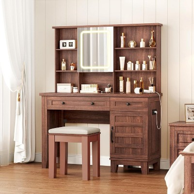 Acekool 42" Makeup Vanity Set with Lighted Mirror, Charging Station, Glass Tabletop, Storage Drawer, Upholstered Stool, for Bedroom, Brown & White